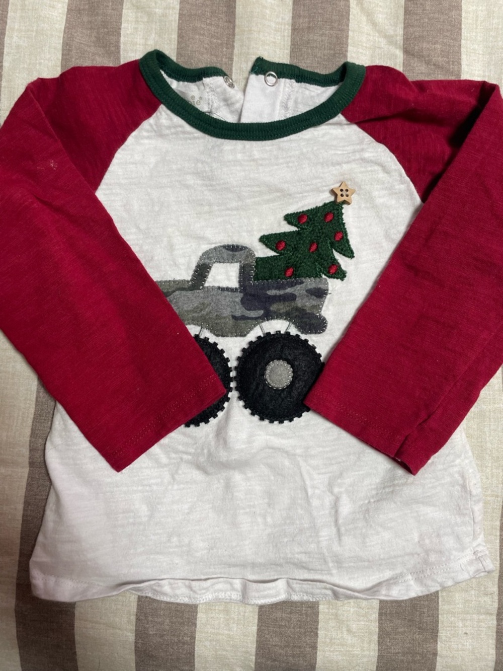 Mud Pie Red & White Christmas Raglan Tee with Truck and Tree Applique
